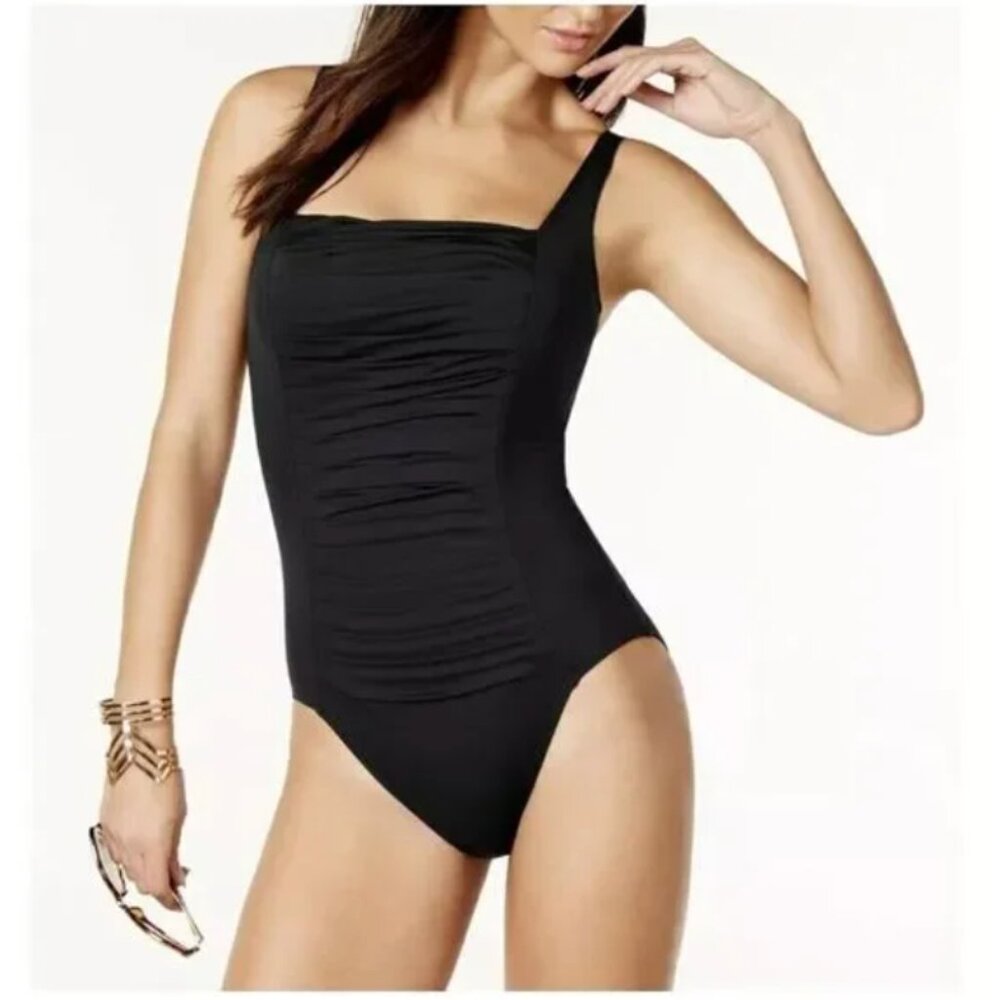 Calvin Klein Women's Black Pleated Ruched One Piece SwimSuit Size 10 Vacation